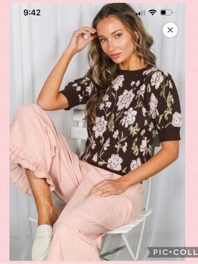💖Chocolate Brown Puff Sleeve Floral Sweater💖